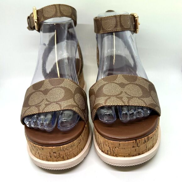 Coach Tallulah Brown Signature Print Platform Ankle Strap Sandals Size 6B - Picture 4 of 14